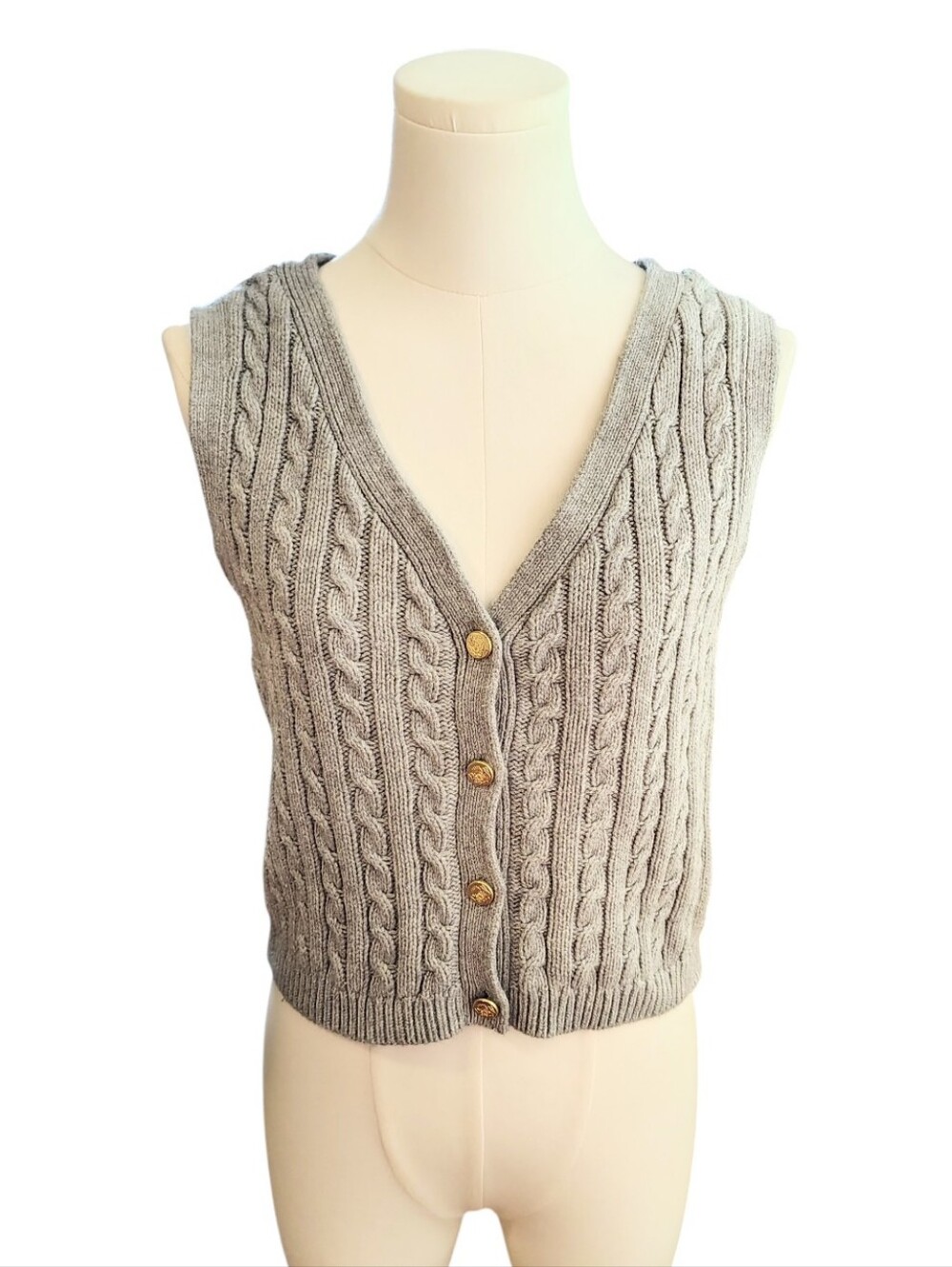 Abercrombie & Fitch Preppy Cable Knit Sweater Vest Gold Buttons Size Small